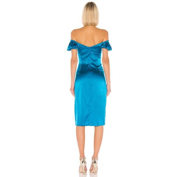 Alexis Blue Cadiz Silk Blend Puff Sleeve Satin Cocktail Midi Dress - Picture 4 of 12